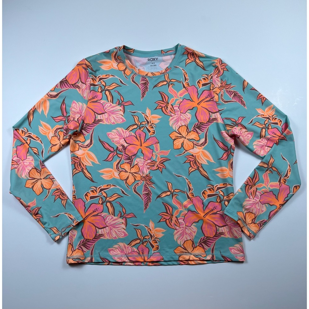Roxy Womens Long Sleeve Rash Guard Teal Orange Pink Hibiscus Floral Swim Top M - Picture 1 of 12
